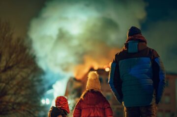 Rear view of father and his children watching their apartment on fire